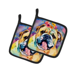 English Bulldog Hippie Dawg Pair of Pot Holders Kitchen Heat Resistant Pot Holders Sets Oven Hot Pads for Cooking Baking BBQ, 7 1/2 x 7 1/2