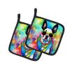 Boston Terrier Hippie Dawg Pair of Pot Holders Kitchen Heat Resistant Pot Holders Sets Oven Hot Pads for Cooking Baking BBQ, 7 1/2 x 7 1/2