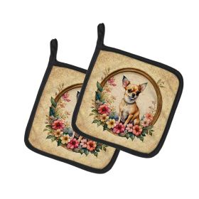 Chihuahua and Flowers Pair of Pot Holders Kitchen Heat Resistant Pot Holders Sets Oven Hot Pads for Cooking Baking BBQ, 7 1/2 x 7 1/2