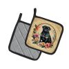 Black Pug and Flowers Pair of Pot Holders Kitchen Heat Resistant Pot Holders Sets Oven Hot Pads for Cooking Baking BBQ, 7 1/2 x 7 1/2