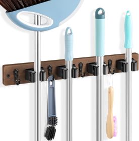 Broom Holder Wall Mount - Heavy Duty Wood Mop and Broom Organizer with 4 Slots & 4 Hooks - Garden Tool Hanger for Laundry Room Closet Kitchen Gar