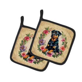 Rottweiler and Flowers Pair of Pot Holders Kitchen Heat Resistant Pot Holders Sets Oven Hot Pads for Cooking Baking BBQ, 7 1/2 x 7 1/2 (Default: Default)